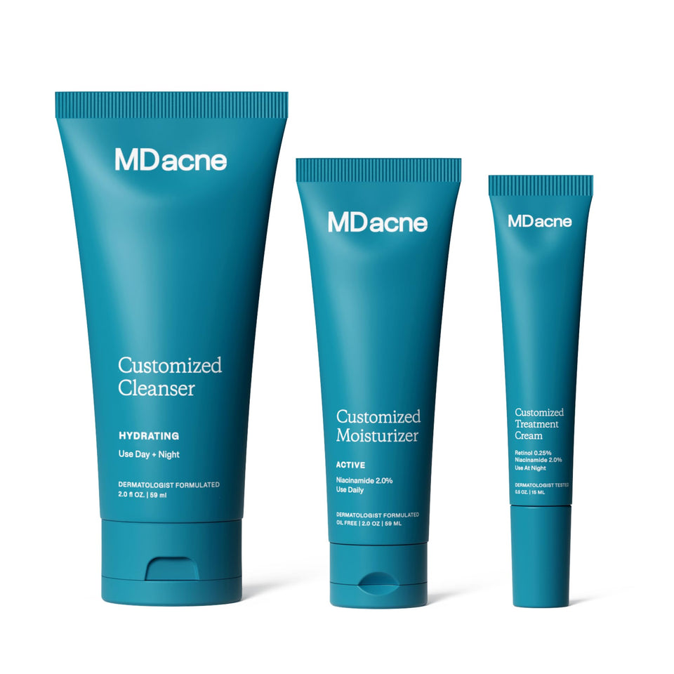 MDacne front packaging kit showing complete 3-step routine and benefits