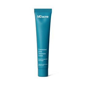 MDacne front packaging showing compact acne treatment tube and branding benefits