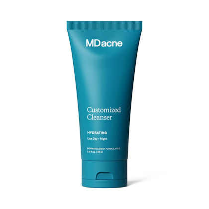 MDacne front packaging showing cleanser bottle and clear branding for easy identification
