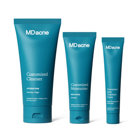 MDacne kit front packaging showing three-step acne routine and benefits