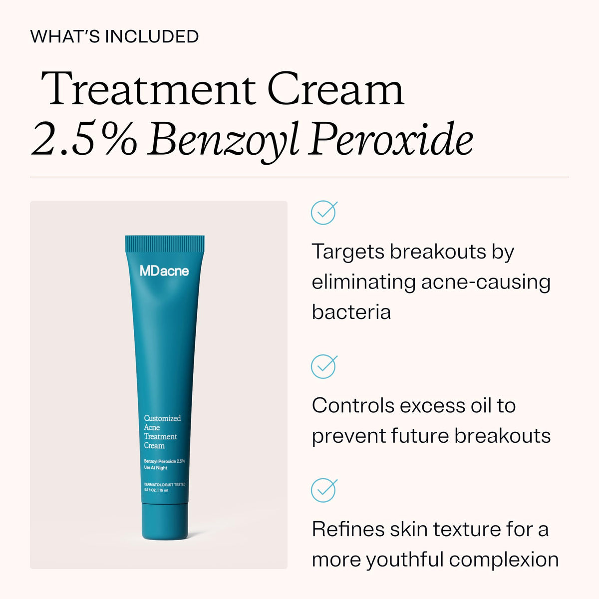 MDacne benzoyl cream texture on fingertip illustrating spreadable, non-drying feel
