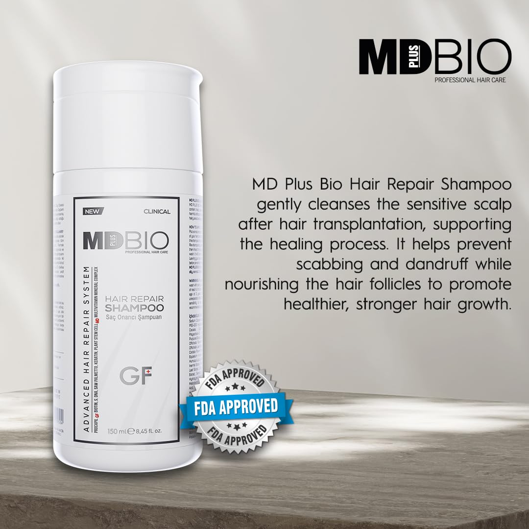 mdplusbio professıonal haır care bottle in hand to show compact 150 ml size