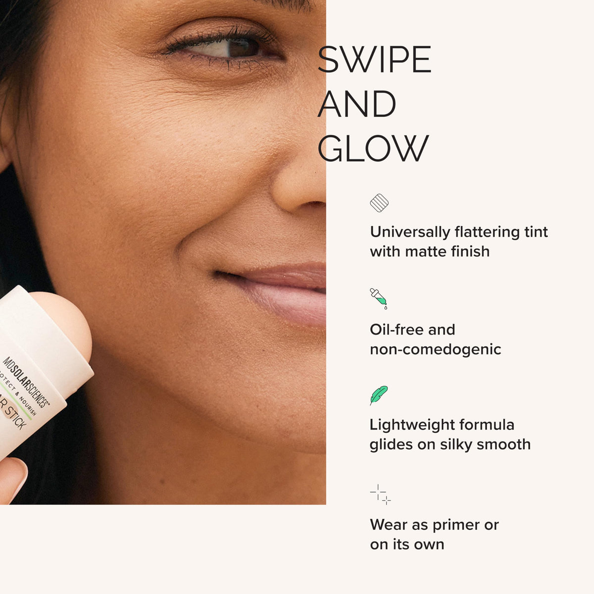 MDSolarSciences applying stick to cheek blending seamlessly for even tone