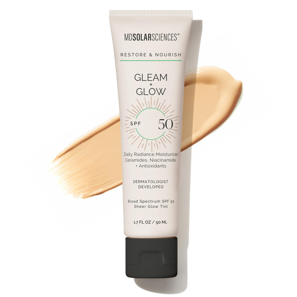 MDSolarSciences Gleam + Glow front packaging showing SPF 50 protection and benefits