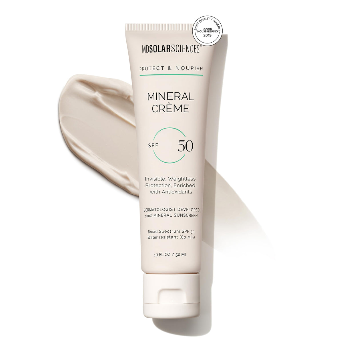 MDSolarSciences front packaging showing SPF 50 and small travel tube benefit