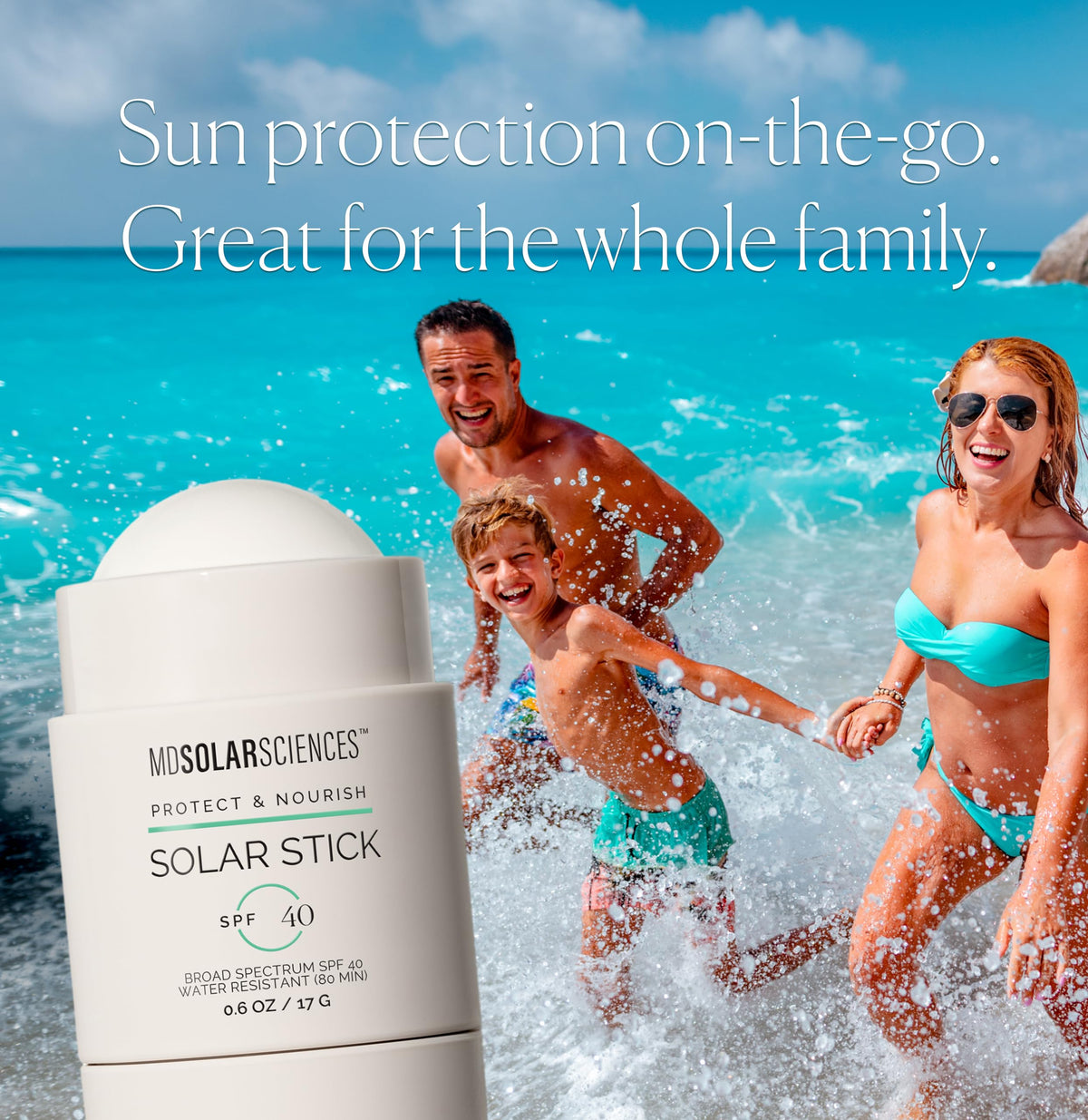 MDSolarSciences stick on beach showing water-resistant protection during outdoor activity