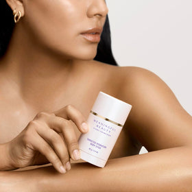 Meaningful Beauty ingredient display with melon leaf and hyaluronic acid showing soothing benefit