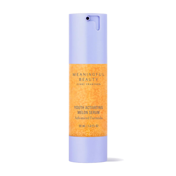 Meaningful Beauty front packaging of melon serum showing bottle and label, conveys luxury and clarity