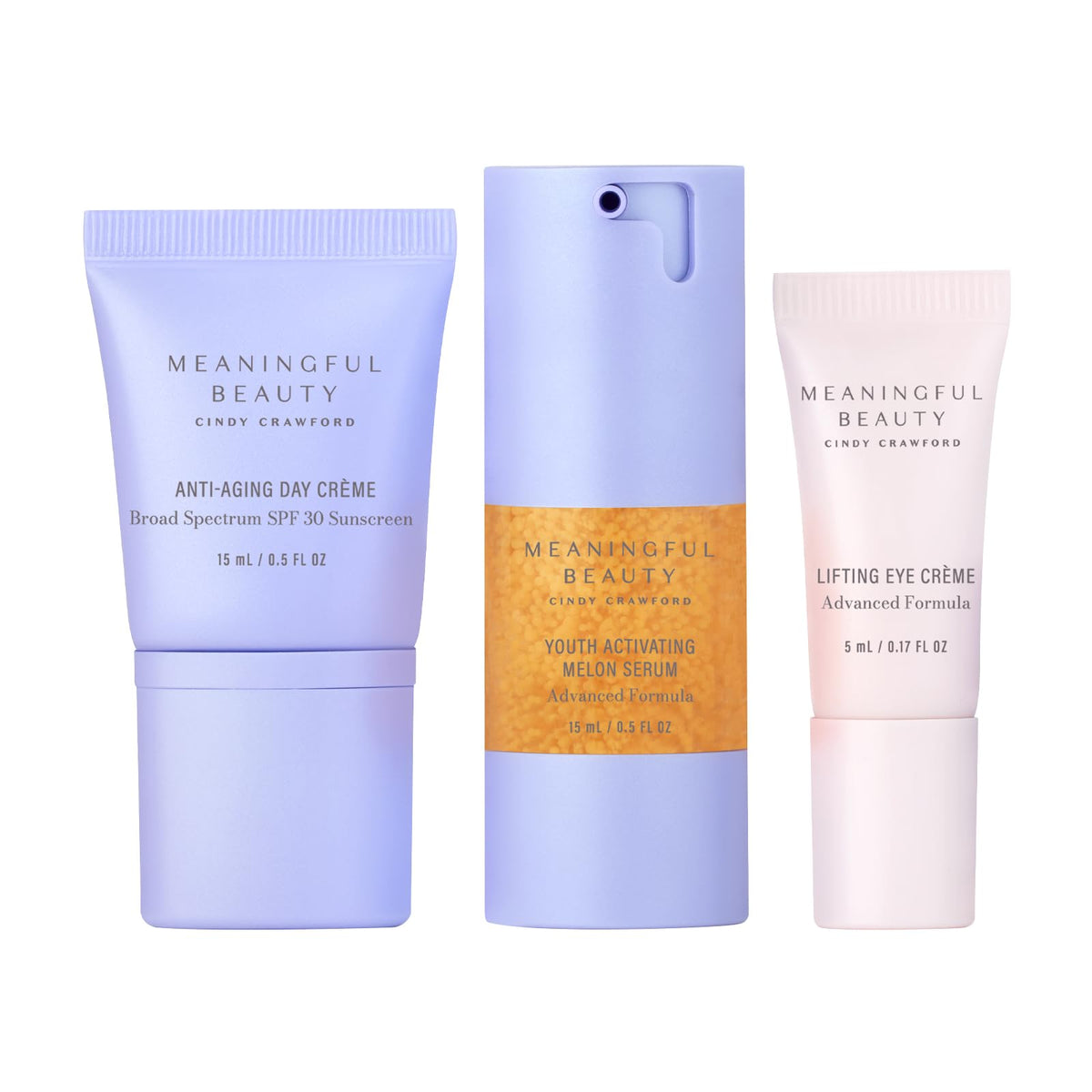 Meaningful Beauty front packaging of the 3-piece travel anti-aging set showcasing contents and benefits