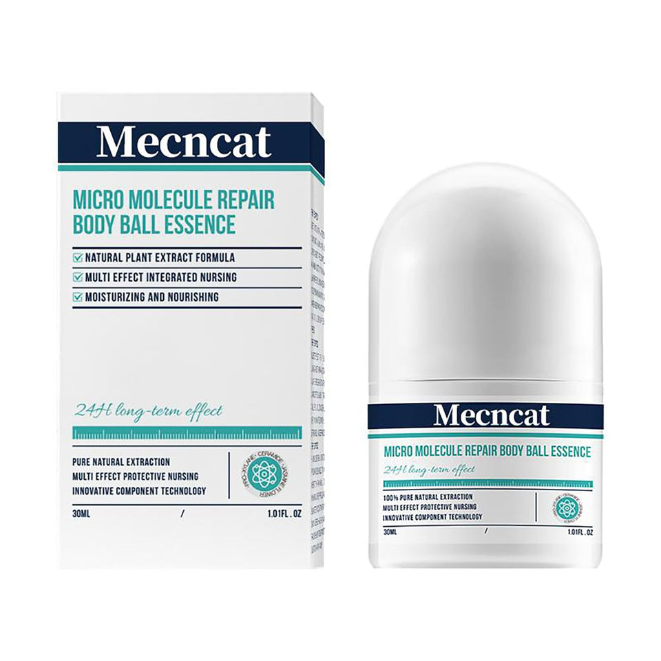 Mecncat front packaging showing roll-on bottle and brand for easy travel use