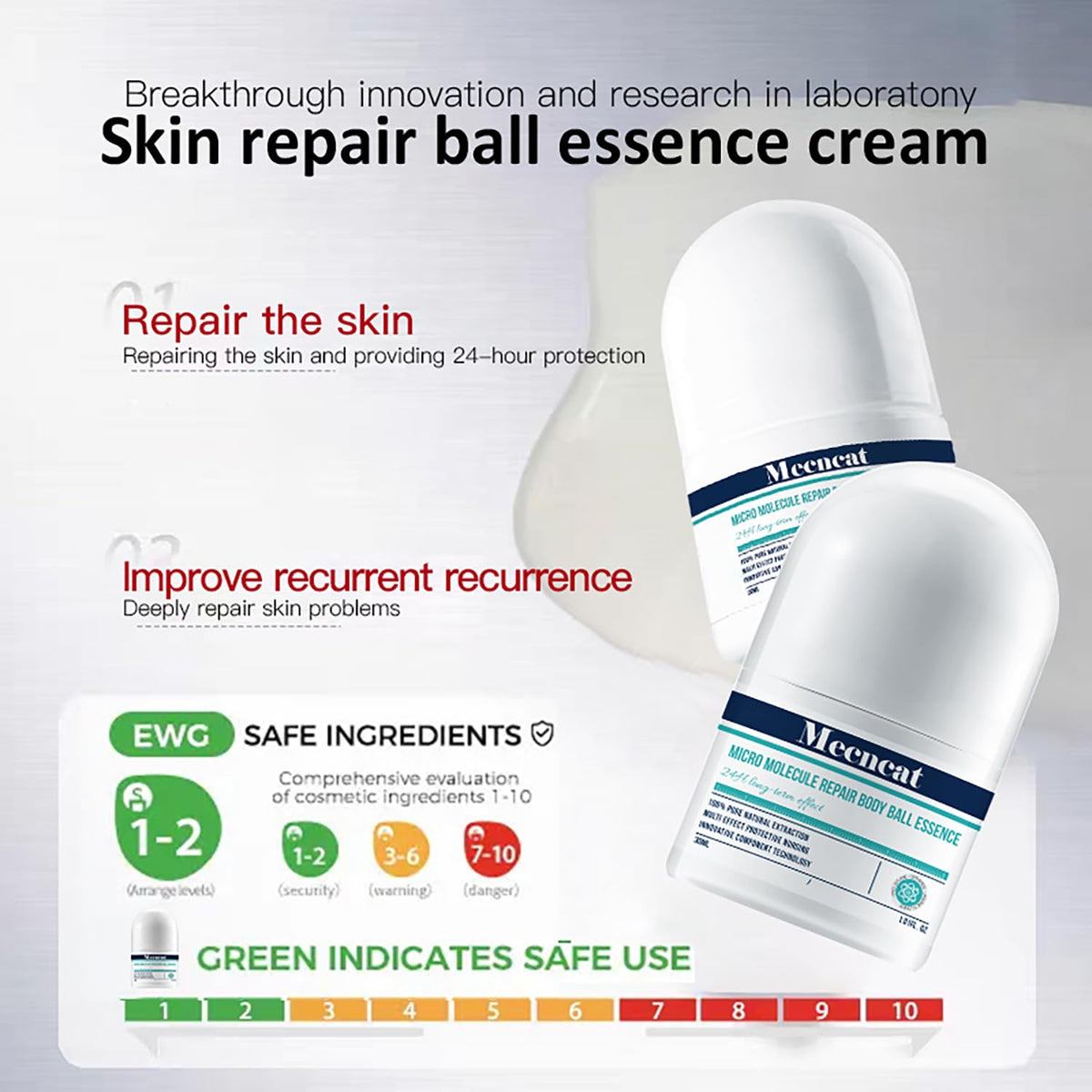 Mecncat close-up of roller tip and clear essence highlighting smooth texture