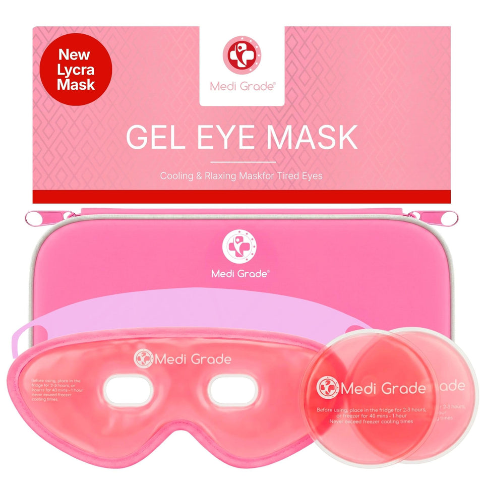 Medi Grade front packaging showing pink reusable cooling eye mask and set benefits