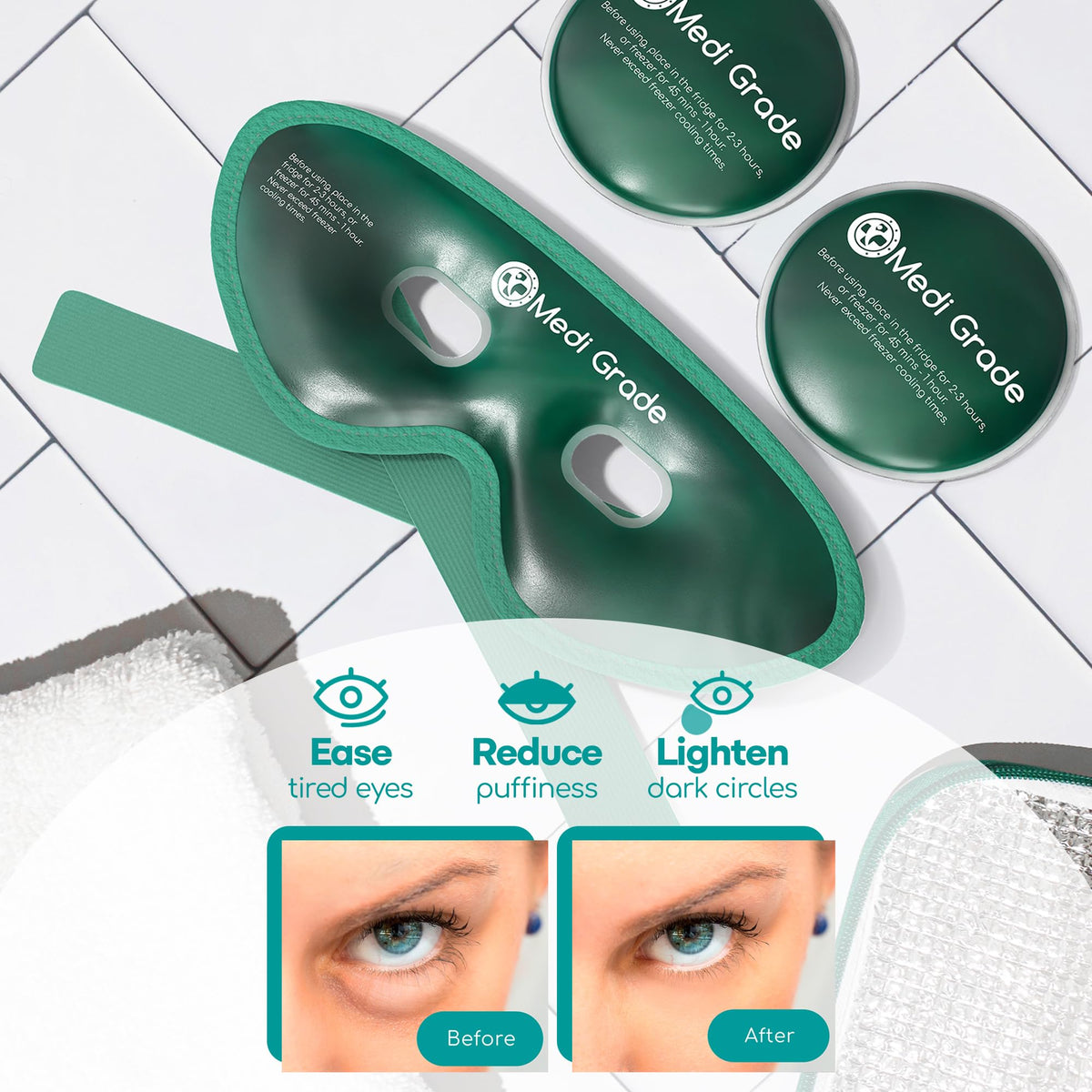 Medi Grade two cooling gel pads displayed for targeted under-eye relief