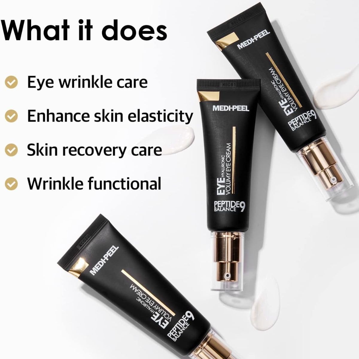 MEDI-PEEL eye cream size comparison with fingertip showing compact travel-friendly benefit