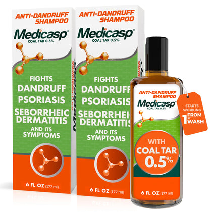 Medicasp front packaging showing coal tar anti-dandruff shampoo for fast relief