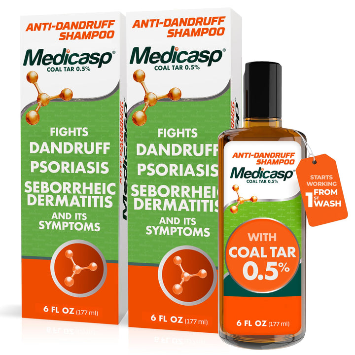 Medicasp front packaging showing coal tar anti-dandruff shampoo for fast relief