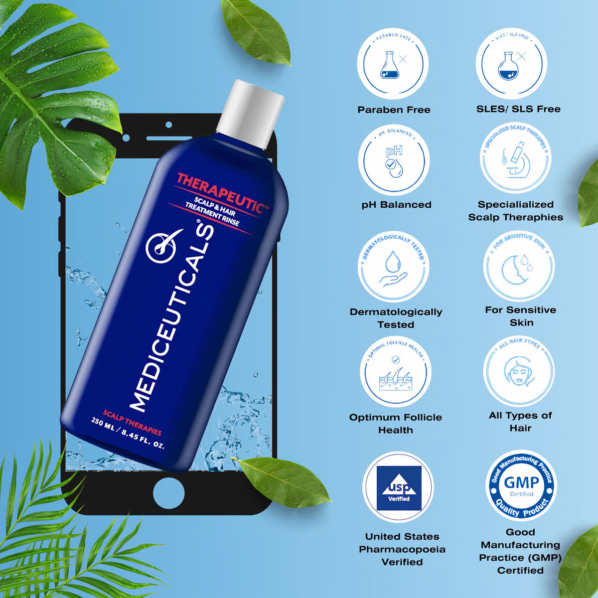Mediceuticals conditioner staged on bathroom shelf suggesting daily use benefits