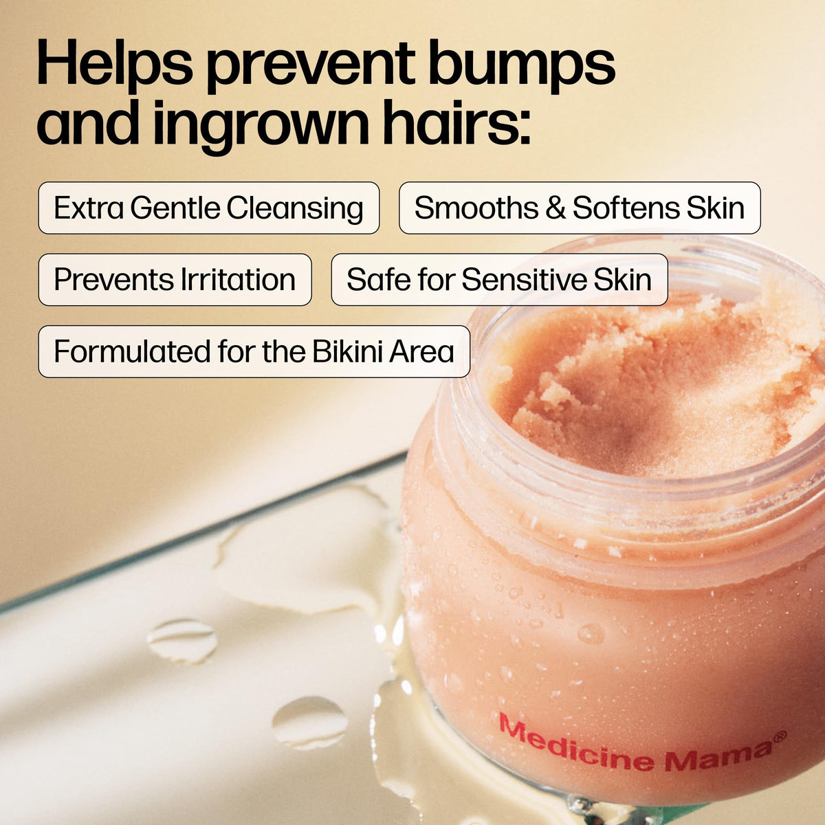 Medicine Mama's open jar close-up of creamy sugar polish texture for gentle exfoliation benefit