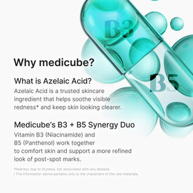 medicube ingredient label highlighting azelaic acid, niacinamide, and soothing agents