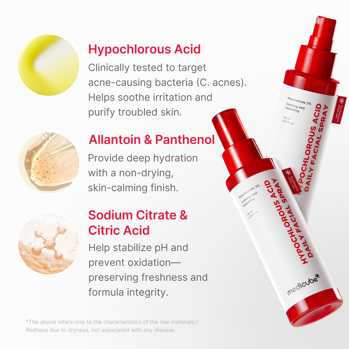 medicube label and ingredient list highlighting HOCl concentration and safety