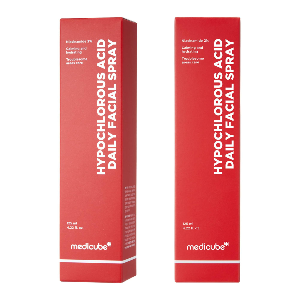 medicube bottle with ingredient callouts emphasizing stabilized HOCl benefits