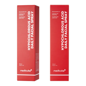medicube bottle with ingredient callouts emphasizing stabilized HOCl benefits