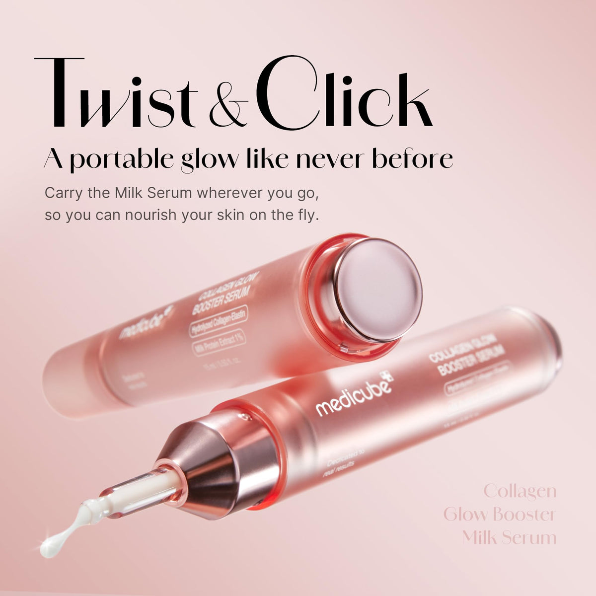 medicube twist and click dispenser close-up demonstrating mess-free dosing benefit