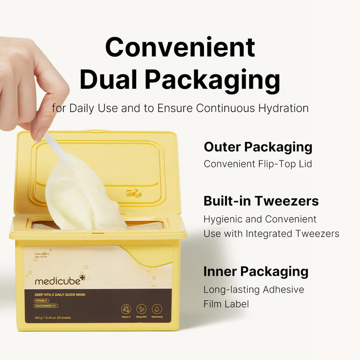 medicube mask size next to hand showing benefit: compact portable pack
