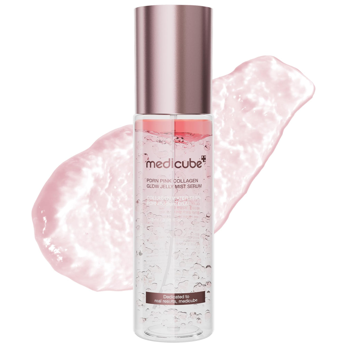medicube front bottle packaging showing jelly mist serum, highlights portability and glow