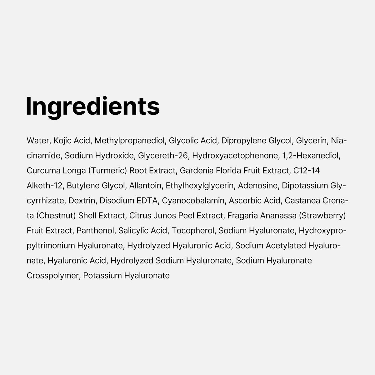 medicube ingredient label showing kojic acid and turmeric for brightening support