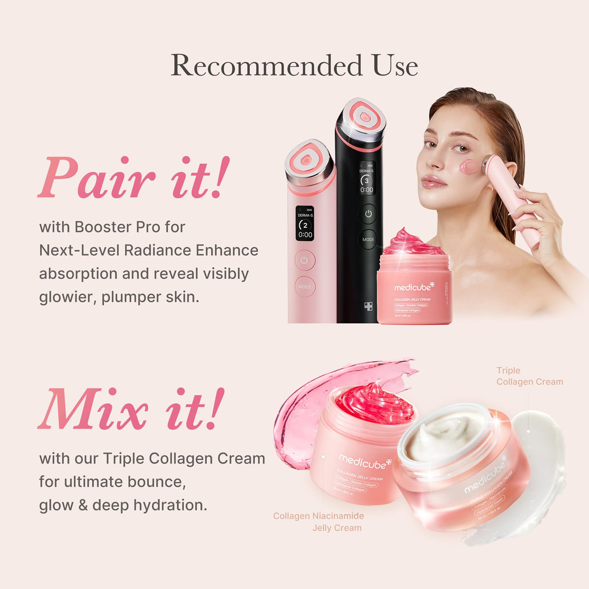 medicube applying jelly cream to model face, shows layering under makeup benefit
