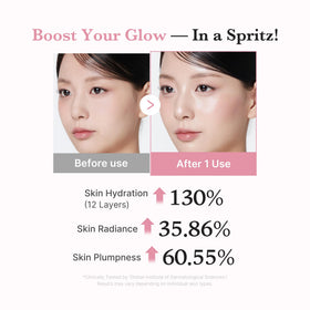 medicube model misting face, illustrating on-the-go hydration and luminous finish