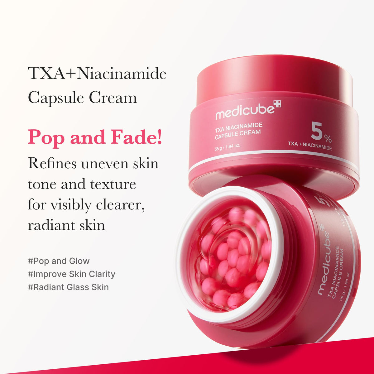 medicube open jar with red capsule being released into gel, demonstrating customizable dosing benefit