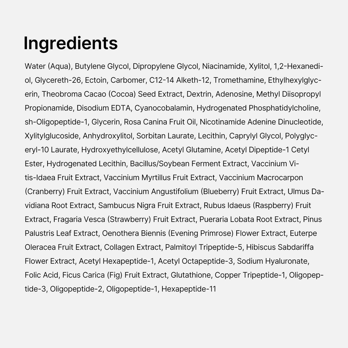 medicube packaging label detail close-up displaying ingredient callouts and usage directions