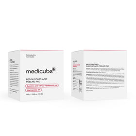 medicube box beside ingredient visuals showing niacinamide and panthenol benefit