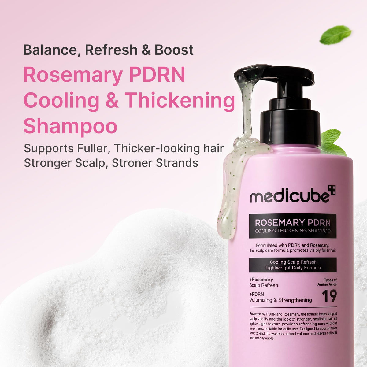 medicube label close-up with pump displaying ingredient callouts and easy dispensing benefit