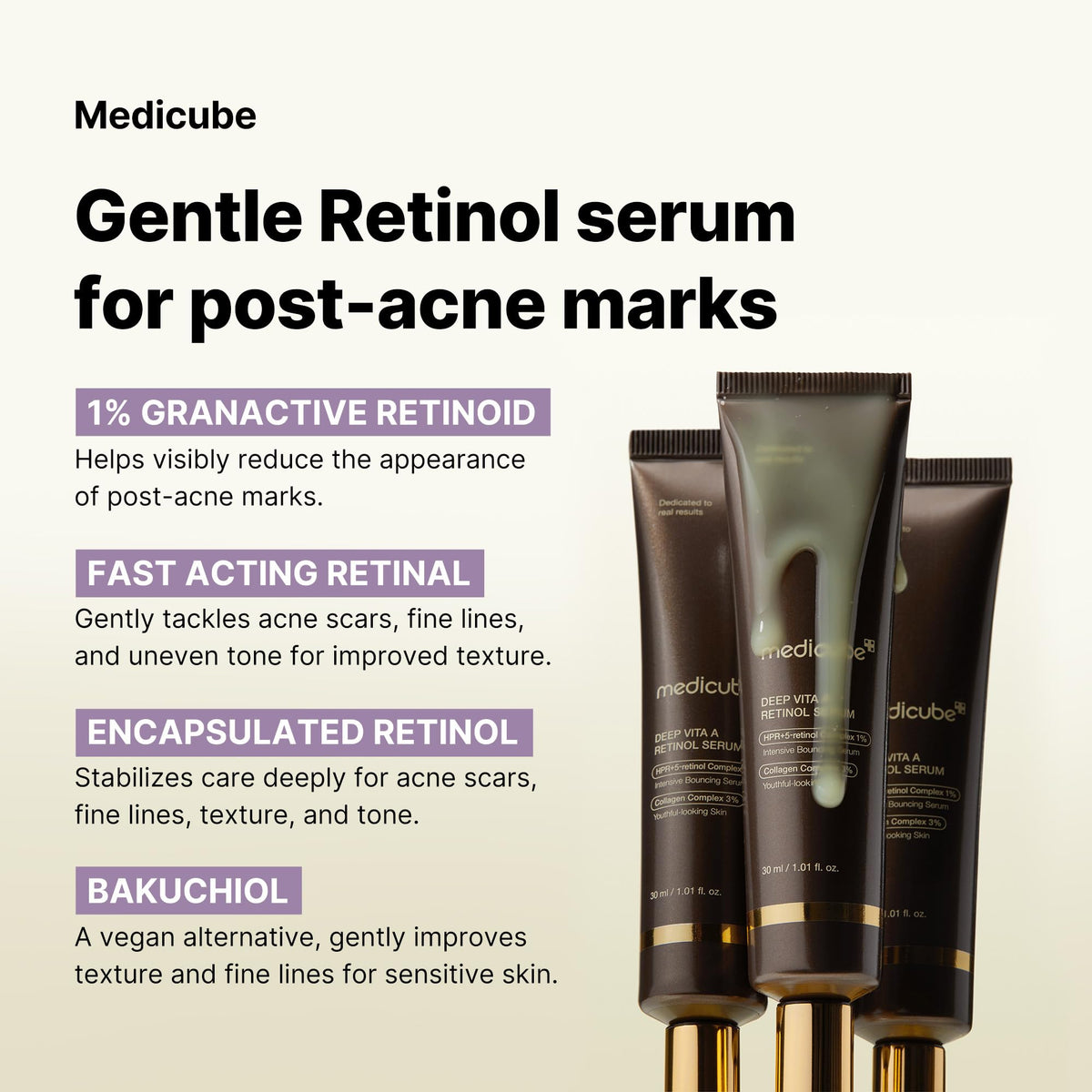 medicube ingredient close-up showing niacinamide and retinal for brighter skin