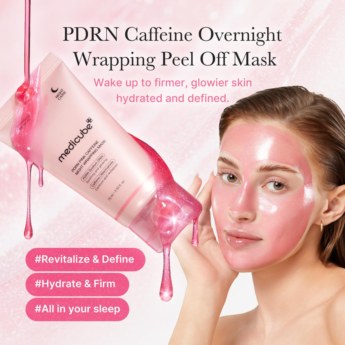 medicube pearl-pink mask film on skin illustrating glow benefit