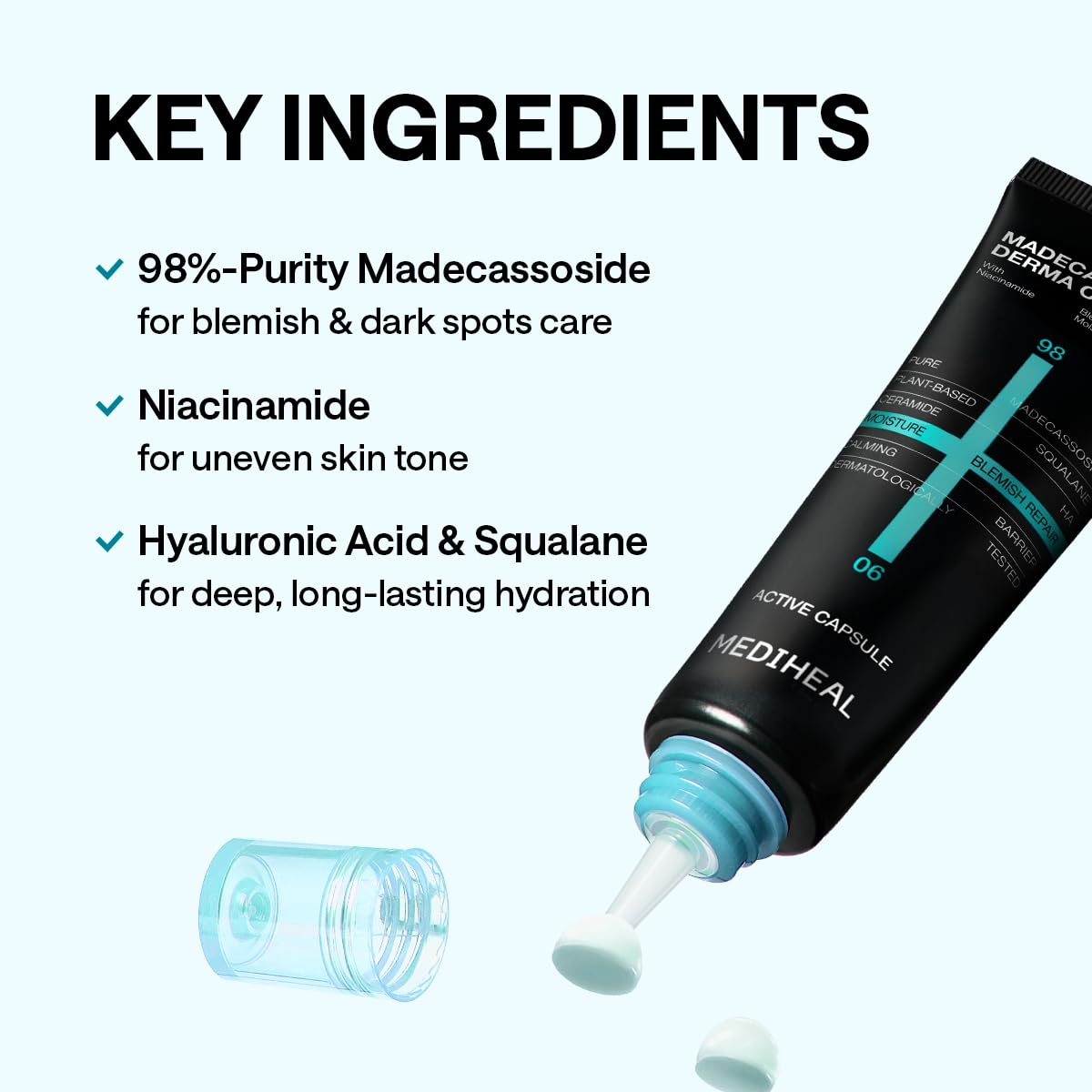 MEDIHEAL jar beside measuring tape showing 1.69 fl oz size for scale