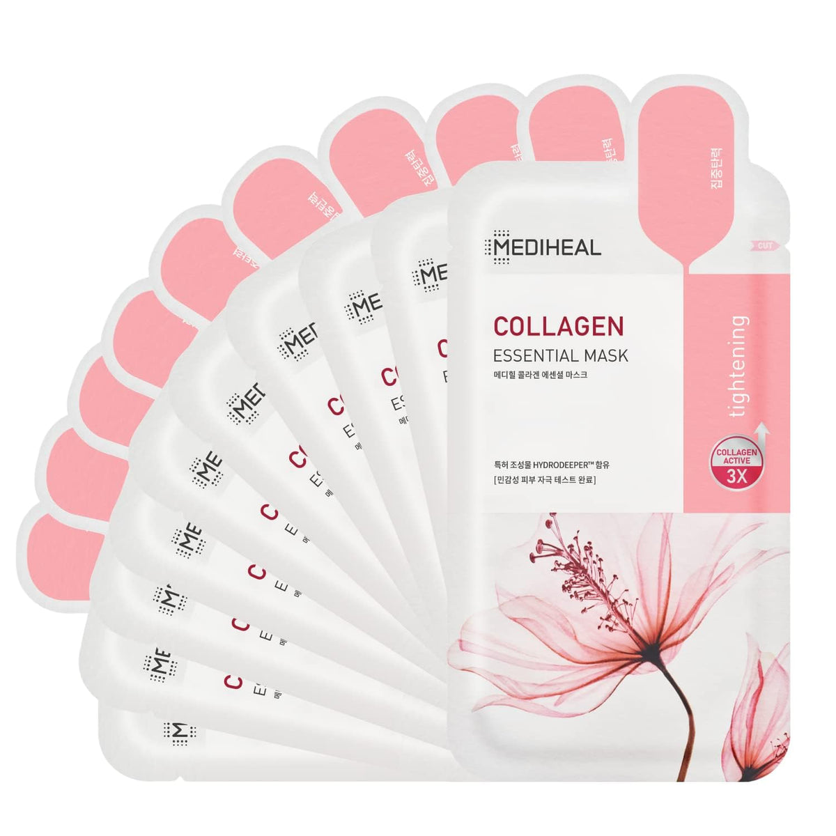 MEDIHEAL front packaging showing 10-sheet collagen mask value set and eco info
