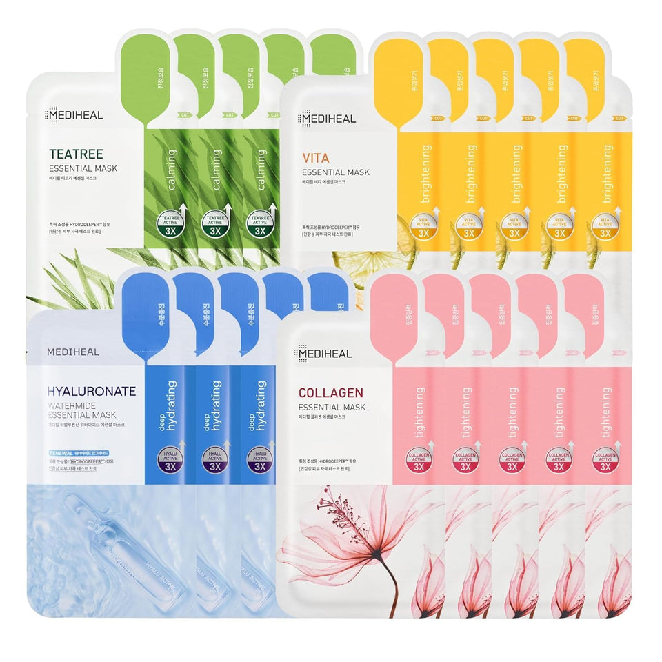 MEDIHEAL front packaging showing 20-pack and mask variety for convenient targeted care