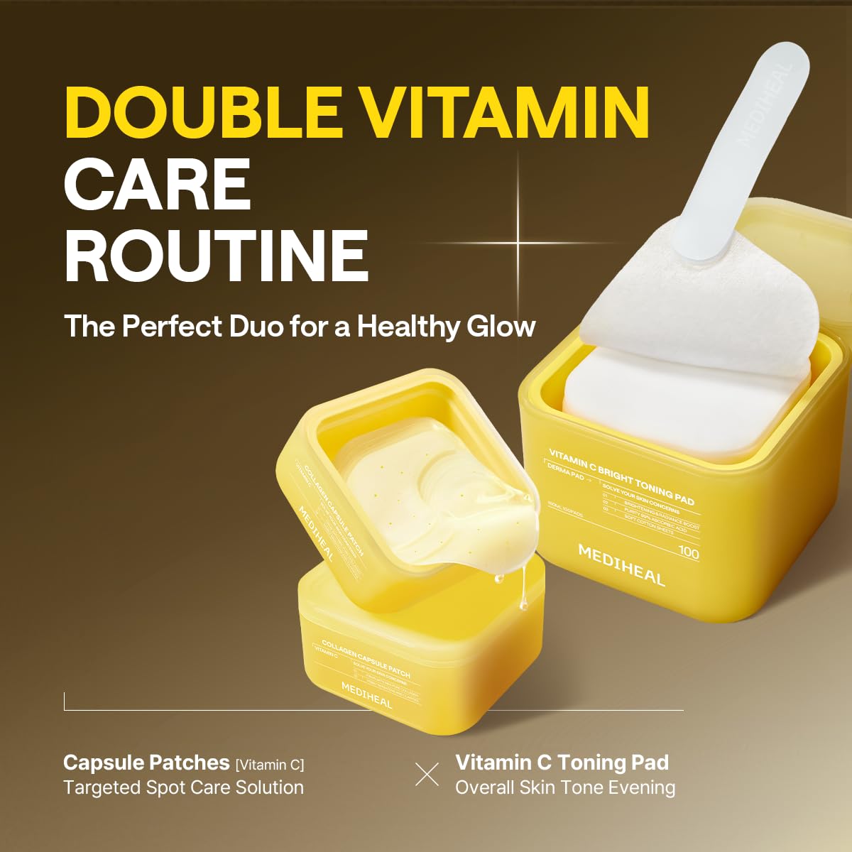 MEDIHEAL morning routine scene on bathroom counter showing quick brightening step