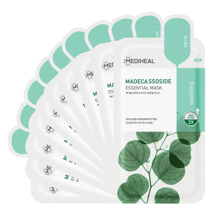 MEDIHEAL front packaging showing soothing mask benefits and 10 sheets