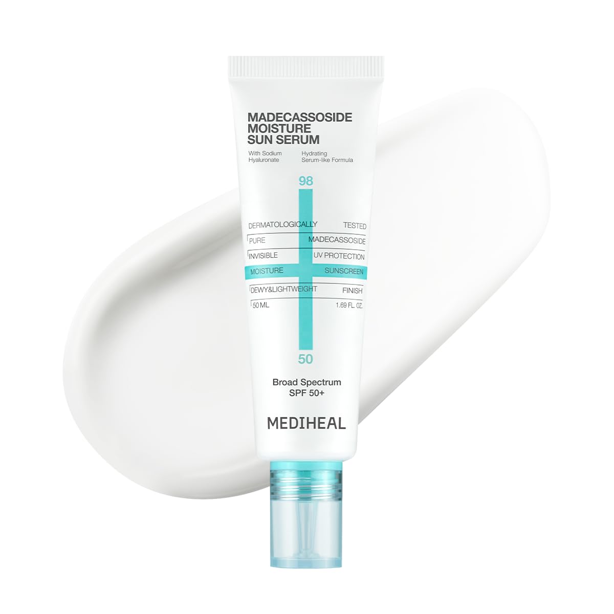 MEDIHEAL front view of sunscreen bottle shows lightweight protection benefit