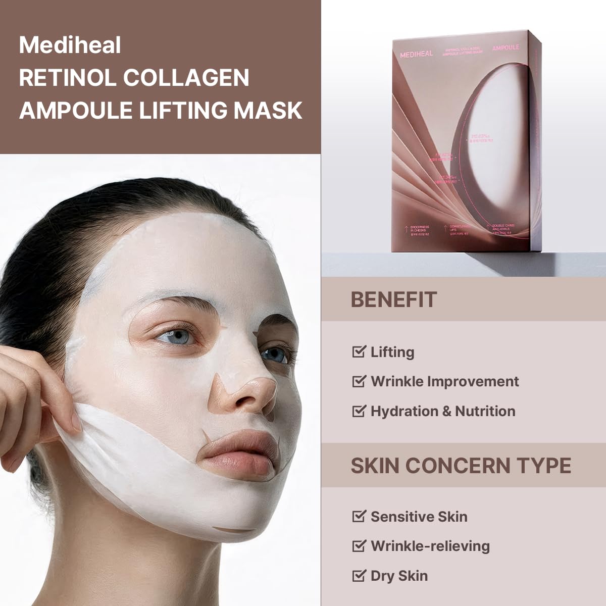 MEDIHEAL mask applied on model jaw for V-line lifting visual