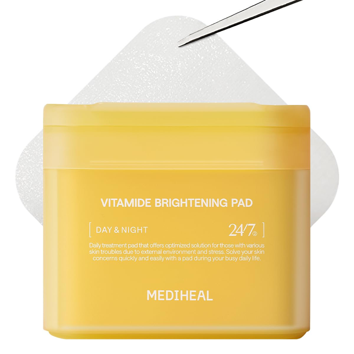 MEDIHEAL front packaging of Vitamide toner pads, convenient daily radiance boost