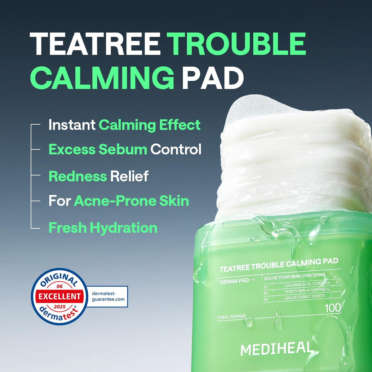 MEDIHEAL pad soaked with tea tree serum showing concentrated calming essence