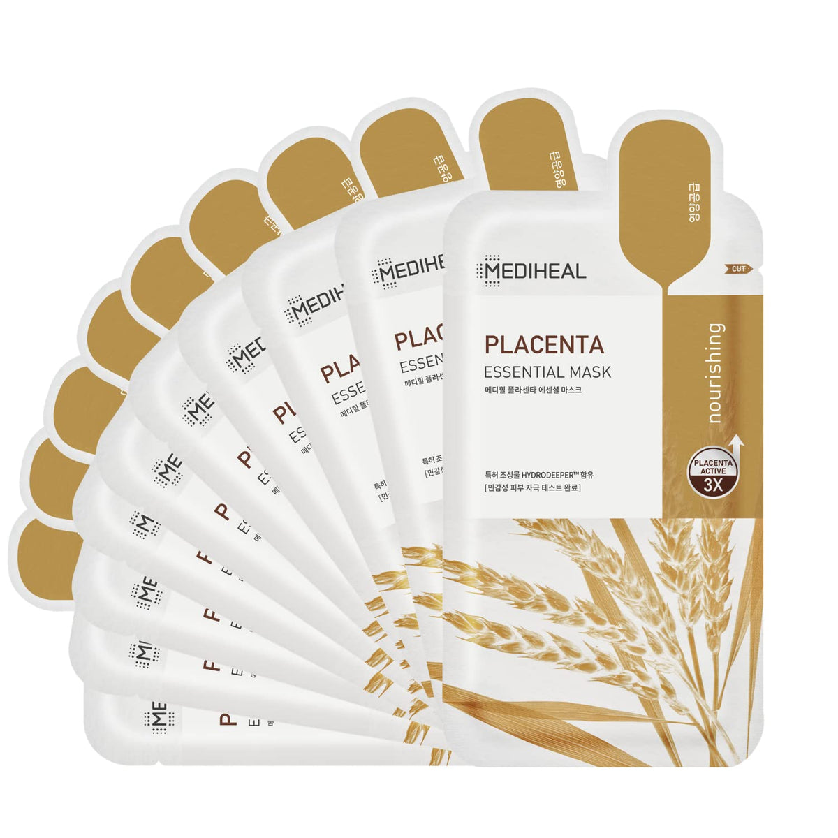 MEDIHEAL front packaging showing ten placenta essential sheets and brand name benefits