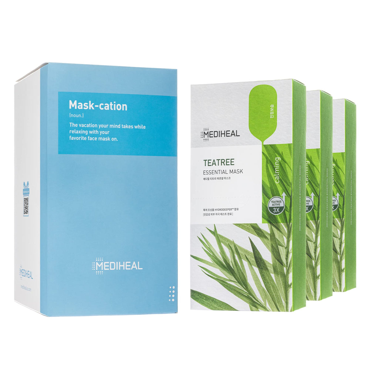 MEDIHEAL front pack view showing 30-mask jumbo set and quick benefit