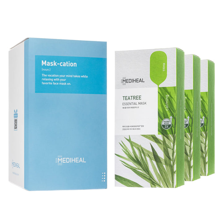 MEDIHEAL front pack view showing 30-mask jumbo set and quick benefit